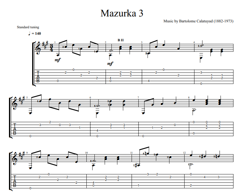 Bartolome Calatayud - Mazurka version 3 sheet music for guitar TAB